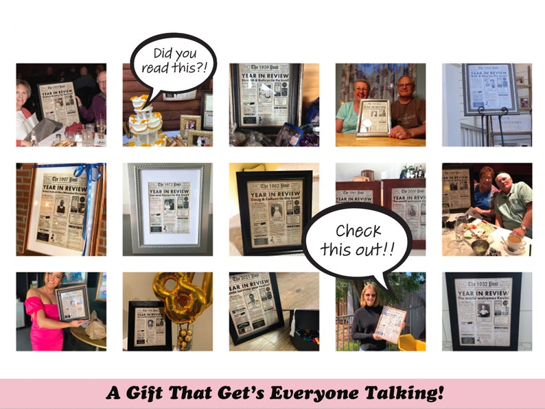 May include: A collage of framed newspaper-style prints titled "Year in Review." The prints feature vintage-style layouts with headlines and images. People are shown holding the framed prints. Text bubbles say "Did you read this?!" and "Check this out!!"