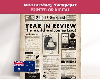 Australian 1966 Personalised Newspaper Birthday Poster, Year in Review, Custom Name Print