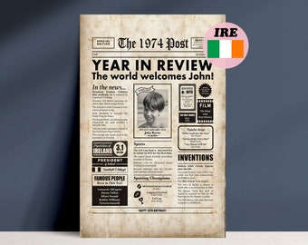 50th Birthday Gift For Friend, 1974 Newspaper About Ireland 50 Years Ago, Digital Poster