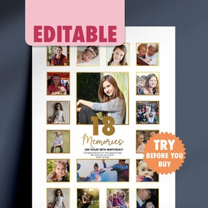 Presente de 18º aniversário - Modelo editalbe de colagem de fotos com 18 memórias - 18º sinal - Não é necessário software - Impressão em tamanho A2, A3 ou A4