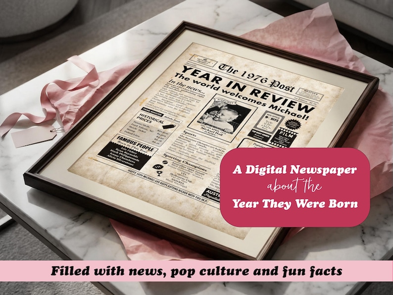 Pu&ograve; includere: Stampa digitale incorniciata di giornale del 1976, con il titolo "Year in Review". La stampa presenta prezzi storici, personaggi famosi e il testo "The world welcomes Michael!". Uno striscione rosa recita "A Digital Newspaper about the Year They Were Born."