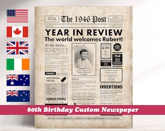 May include: A vintage-style newspaper print with the headline "Year in Review" and the text "The world welcomes Robert!" The newspaper includes a photo of a young boy and details from 1946. The bottom banner reads "80th Birthday Custom Newspaper."