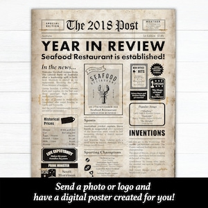 Pode incluir: Um cartaz de estilo jornal vintage com o t&iacute;tulo "The 2018 Post: Year in Review". O cartaz apresenta uma variedade de not&iacute;cias, pre&ccedil;os hist&oacute;ricos, destaques esportivos e m&uacute;sicas populares de 2018. O cartaz tamb&eacute;m inclui uma foto de uma lagosta e o texto "Seafood Restaurant is established!"