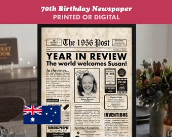 1956 Australian Newspaper 70th Birthday Gift, Year You Were Born (Digital or Framed Options)
