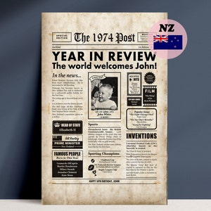 NEW ZEALAND 50th Birthday Newspaper Gift, 1974 NZ Personalised Printable With Facts From 50 Years Ago