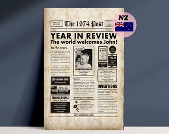 NEW ZEALAND 50th Birthday Newspaper Gift, 1974 NZ Personalised Printable With Facts From 50 Years Ago
