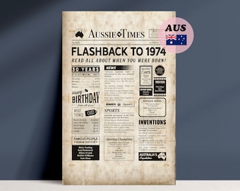 Australian 50th Birthday Newspaper Party  Decoration - 1974 Instant Download Year You Were Born Poster