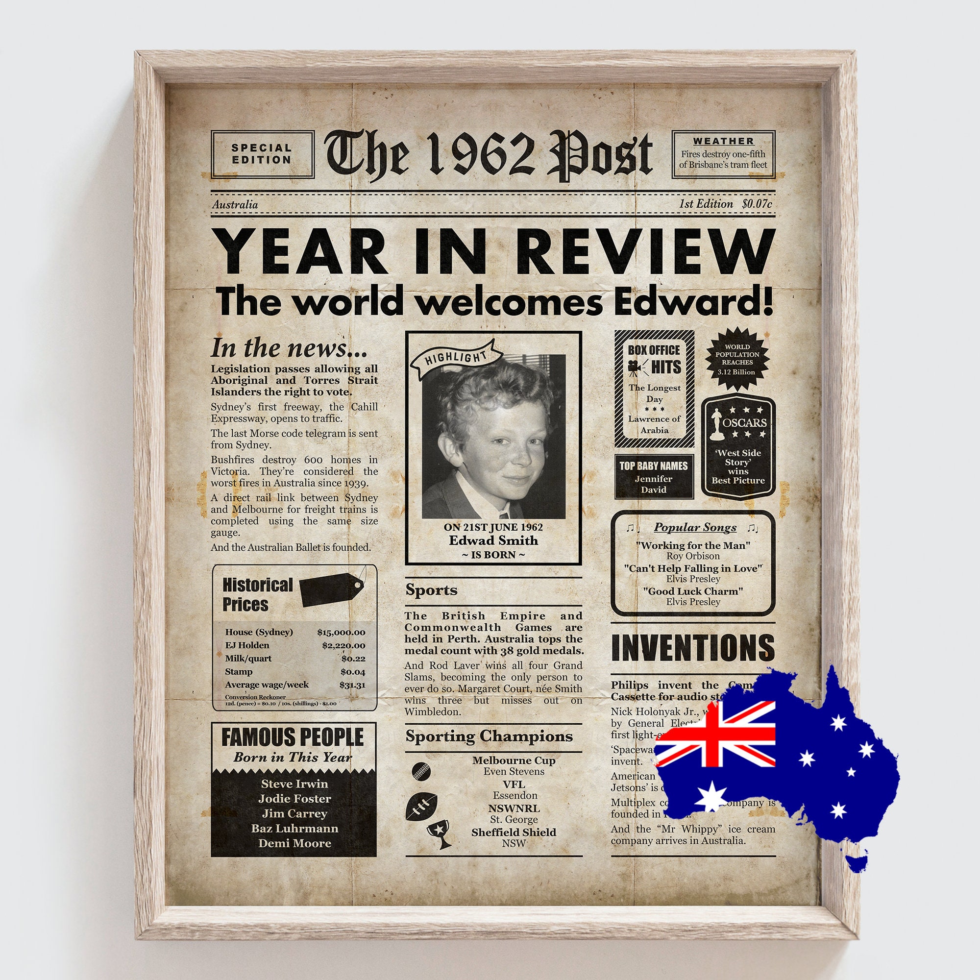 1962 Personalised newspaper printable with Australian facts Etsy