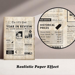 Pu&ograve; includere: Una stampa in stile vintage di una pagina di giornale del 1976, intitolata "The 1976 Post". Il titolo recita "Year in Review". Un inserto circolare evidenzia i prezzi storici. Il testo "Realistic Paper Effect" &egrave; in basso.