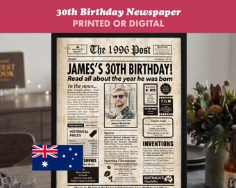 30th Birthday Colour Newspaper Gift for Husband or Wife,  Genuine Australian Seller