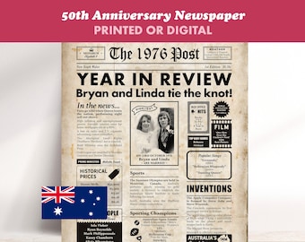 AUSTRALIAN 50th Anniversary Gift, 1976 Personalised Newspaper Printable Poster, Genuine Aussie Seller