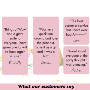 May include: Pink rectangular cards with customer testimonials. The cards feature quotes like "Brings a 'Wow'" and "Was very quick turn around." The text "What our customers say" is at the bottom.