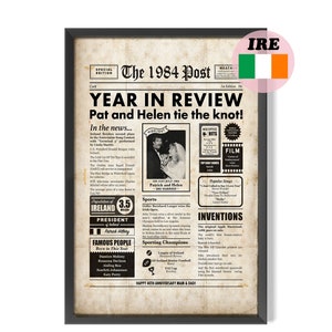 IRISH 40th Anniversary Gift, 1984 Newspaper Poster With Facts About Ireland, Gift For Parents image 1