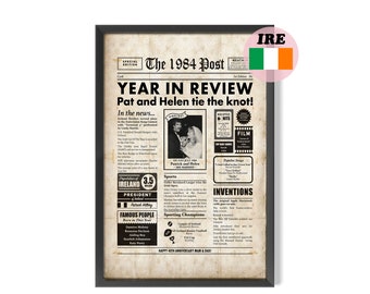 IERS 40-jarig jubileumcadeau, krantenposter uit 1984 met feiten over Ierland, cadeau voor ouders