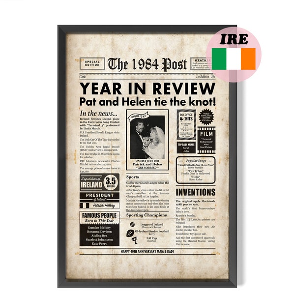 IERS 40-jarig jubileumcadeau, krantenposter uit 1984 met feiten over Ierland, cadeau voor ouders