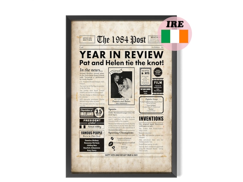 IRISH 40th Anniversary Gift, 1984 Newspaper Poster With Facts About Ireland, Gift For Parents image 1