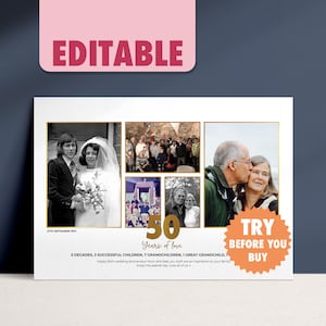 Regalo personalizado del 50 aniversario de bodas para padres - Collage de fotos editable de 50 años de amor - Imprima tamaño A2, A3 o A4