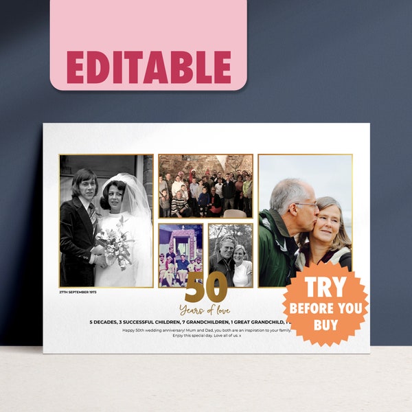 Cadeau personnalisé pour les parents pour 50e anniversaire de mariage - Collage photo modifiable 50 ans d'amour - Impression au format A2, A3 ou A4