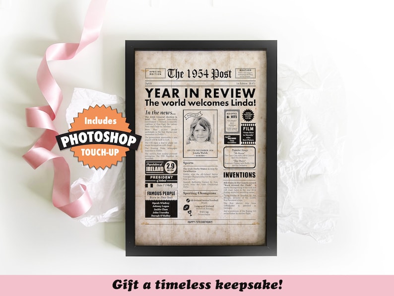 Irish 70th Birthday Gift, 1954 Newspaper About Ireland, The Year You Were Born Printable Sign, Print A2, A3 & A4 image 2