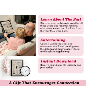 May include: A framed newspaper print with the headline "Happy 30th Birthday" is held by a person and a child. A second framed newspaper and a clock are on a white surface. Text reads "Learn About The Past" and "A Gift That Encourages Connection."