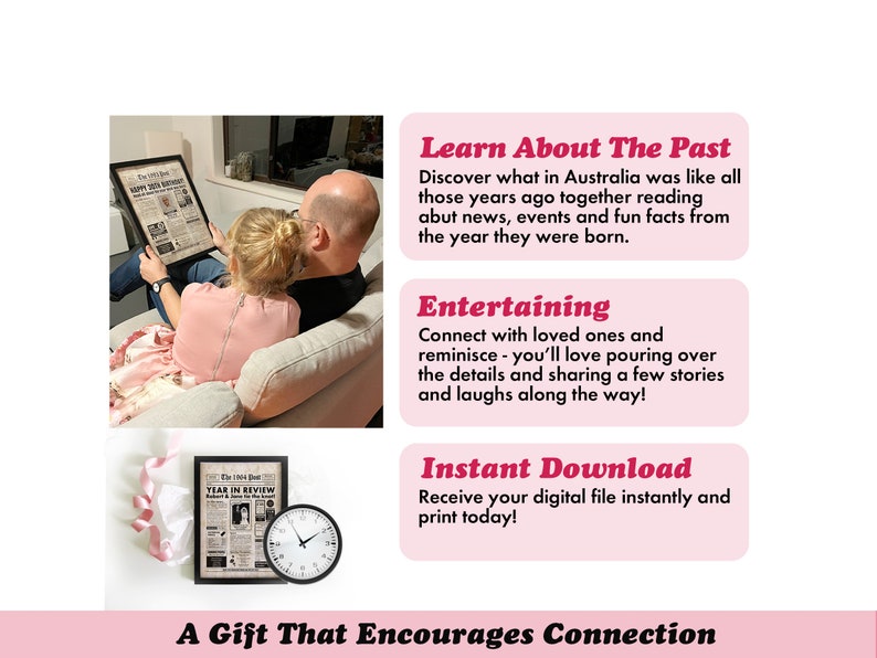 May include: A framed newspaper print with the headline "Happy 30th Birthday" is held by a person and a child. A second framed newspaper and a clock are on a white surface. Text reads "Learn About The Past" and "A Gift That Encourages Connection."