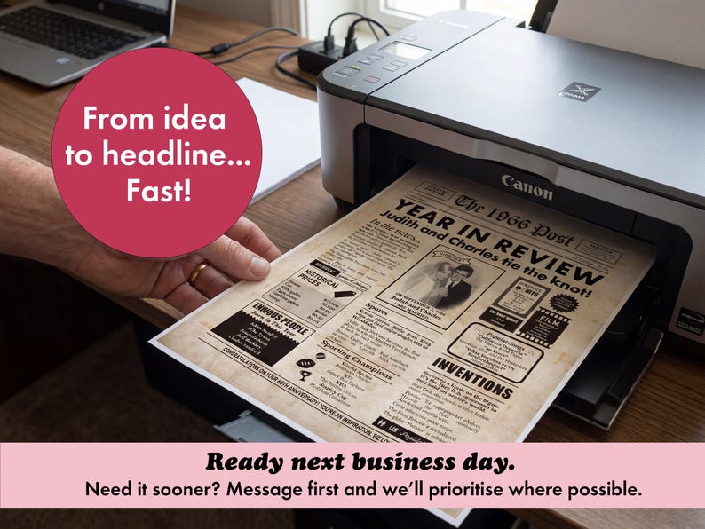 Pu&ograve; includere: Una stampante Canon stampa una pagina di giornale personalizzata con il titolo "Year in Review". La pagina presenta un design vintage con sezioni per i prezzi storici, le invenzioni e lo sport. Il testo include "Judith and Charles tie the knot!"