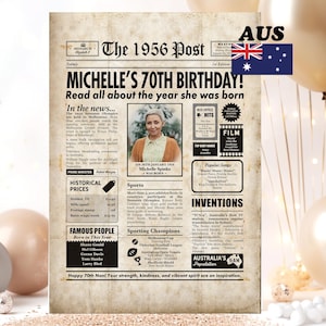 Personalised 70th Birthday Gift, 1956 Australian Newspaper Poster, Custom Photo Print (Digital or Framed)