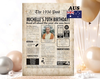 Personalised 70th Birthday Gift, 1956 Australian Newspaper Poster, Custom Photo Print (Digital or Framed)