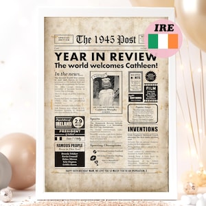 Periódico imprimible del año en que nació, regalo irlandés por el 80.° cumpleaños de 1945