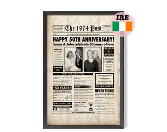 Irish 50th Wedding Anniversary Newspaper Gift, Personalised Digital Print With Then & Now Photo