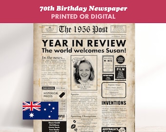 Australian 1956 Personalised Newspaper Birthday Poster, Year In Review Artwork, Custom Name Print about Australian History