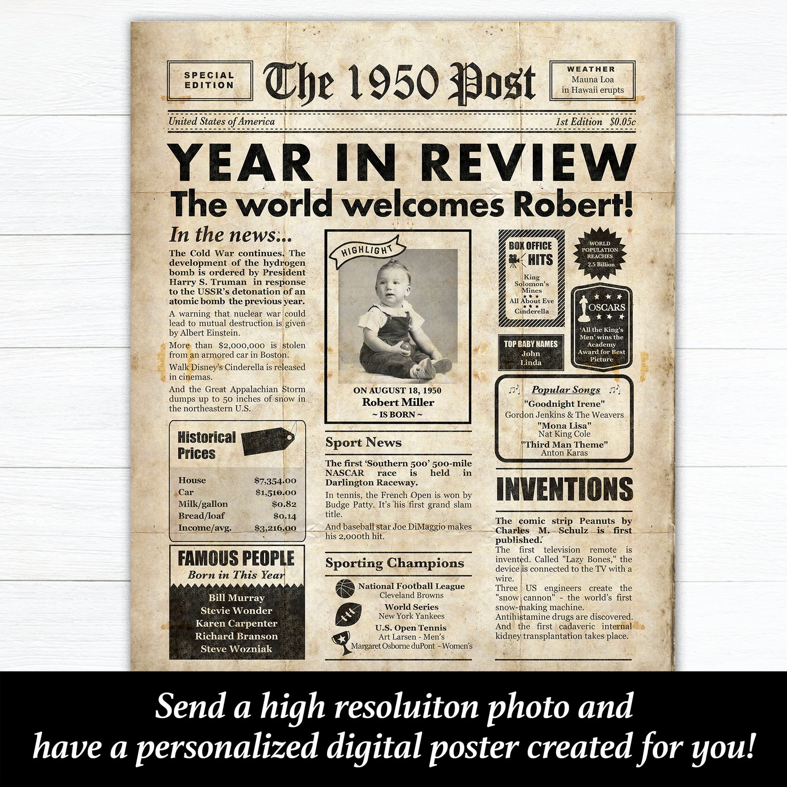 1950 newspaper poster personalized newspaper printable jpg Etsy