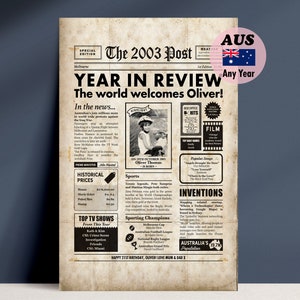 21st Birthday Gift For Him or Her, 2003 Personalised Australian Newspaper, Digital & Framed Options, Australian Seller