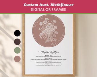Chapter 80, 50, 60, 70 Birthday Artwork with Australian Birth Flowers (Framed or Digital)