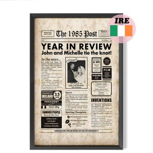 IRISH 40th Anniversary Gift,  1985 Newspaper Poster With Facts About Ireland, Gift For Parents