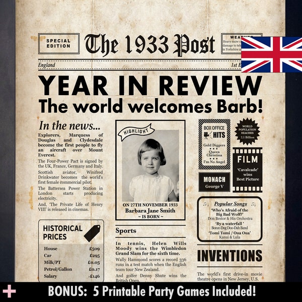 UK - 90th birthday gift for her - 1933 newspaper digital poster with own photo - 90th birthday decoration