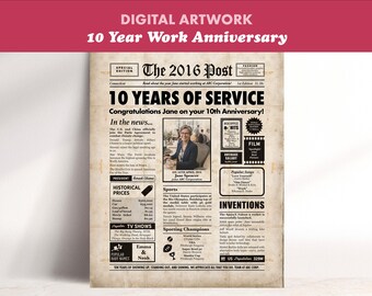 10 year work anniversary gift, personalized employee newspaper about 2016 - the year they joined the company.