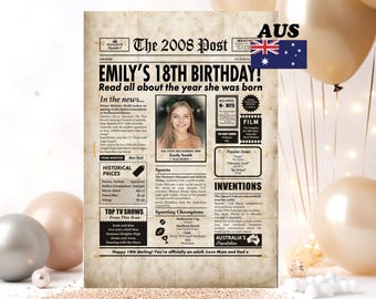 AUSTRALIAN 18th Gift, 2008 Birthday Newspaper Poster, Digital or Framed option