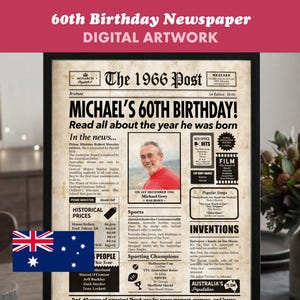 Può includere: Opera d'arte digitale incorniciata di un giornale del 60° compleanno del 1966. Il titolo recita "MICHAEL'S 60TH BIRTHDAY!" con una foto di Michael. Include prezzi storici, sport e invenzioni di quell'anno.