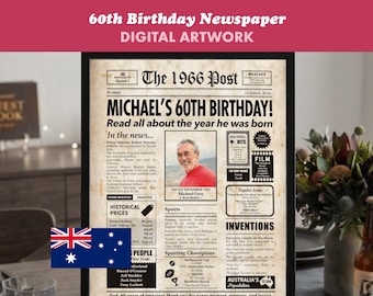 Presente de aniversário de 60 anos australiano, jornal digital colorido de 1966, vendedor australiano, arte personalizada.