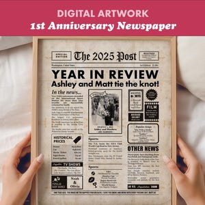 Gepersonaliseerde krant 2025 jaaroverzicht, cadeau 1e verjaardag (digitale download)