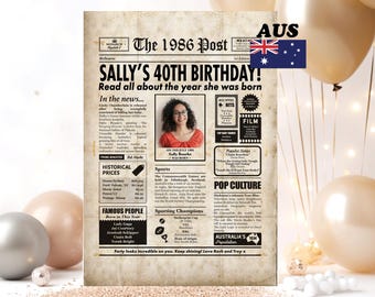 AUSTRALIAN 40th Birthday Gift, Colour 1986 Newspaper with Aussie facts, Digital & Framed Options