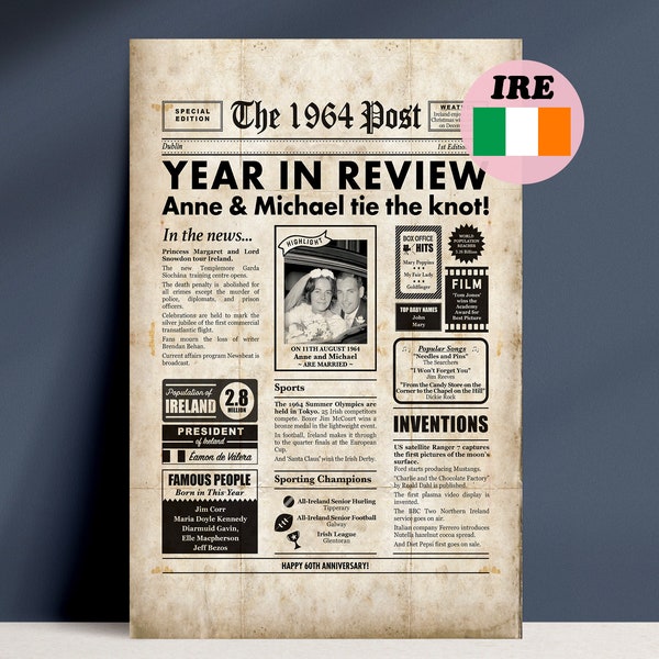 Ireland 1964 Newspaper - 60th Anniversary Gift - Personalised Digital Irish Poster