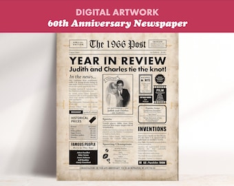 60th Anniversary Gift -  1966 Personalized Newspaper Printable about the Year they were Married
