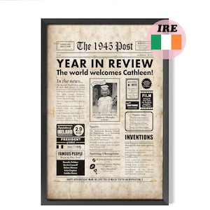 Cartaz de jornal irlandês do 80º aniversário - 1945 pôster digital personalizado do ano em que você nasceu sobre a Irlanda
