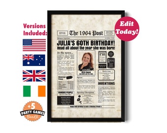 Editable Back in 1964 60th Birthday Poster - includes US, Australian, UK & Irish versions - DIY Digital Corjl Template