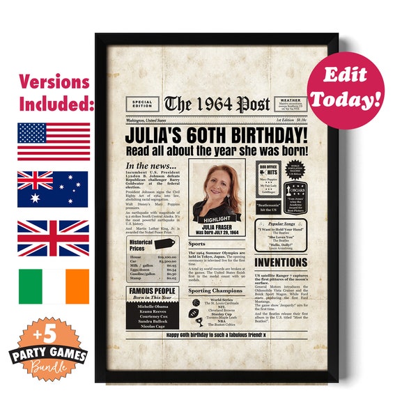 Editable Back in 1964 60th Birthday Poster - includes US, Australian, UK & Irish versions - DIY Digital Corjl Template