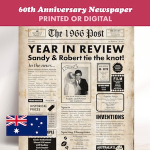 May include: A vintage-style newspaper print celebrating a 60th anniversary. The headline reads "Year in Review" with the names "Sandy & Robert." The Australian flag is visible. The text includes "Printed or Digital."