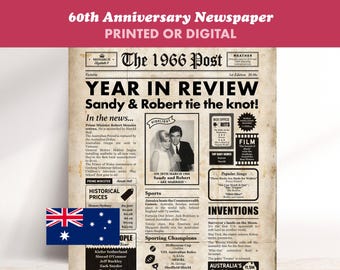 Australian 1966 Anniversary Newspaper Poster, Personalised 60th Wedding Anniversary Gift
