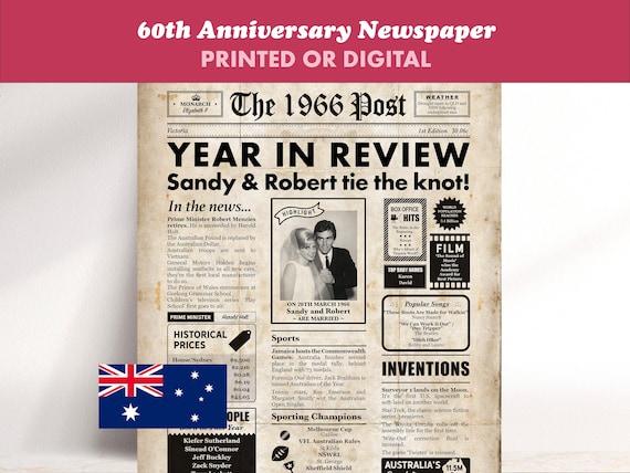 Australian 1966 Anniversary Newspaper Poster, Personalised 60th Wedding Anniversary Gift